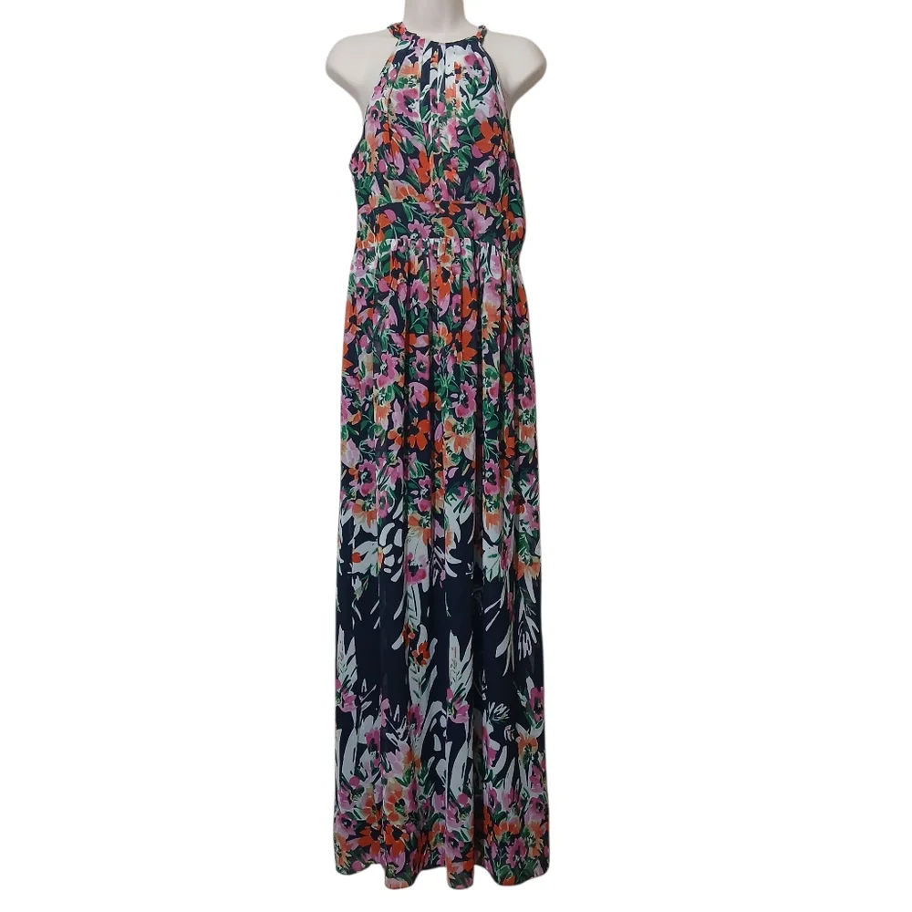 Eliza J Halter Chiffon Maxi Dress – Navy Pink Floral Party Spring Summer NWT - Picture 5 of 12